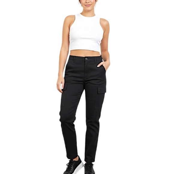 Minimalist Y2K style high rise slim straight leg black cargo pants 30 - Picture 3 of 13